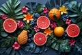 Collage of paper cutouts of various tropical fruits placed on top of a table
