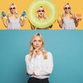 Collage of pensive businesswoman on blue, and excited woman with water gun, swim ring, orange juice and watermelon