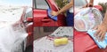 Collage of people cleaning automobiles at car wash. Banner design Royalty Free Stock Photo