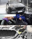 Collage of people cleaning automobiles at car wash Royalty Free Stock Photo