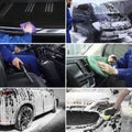 Collage of people cleaning automobiles at car wash Royalty Free Stock Photo