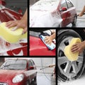 Collage of people cleaning automobiles at car wash