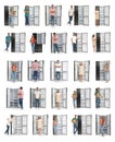 Collage of people near open refrigerators on background Royalty Free Stock Photo
