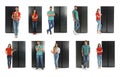 Collage of people near refrigerators on background Royalty Free Stock Photo