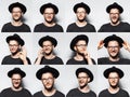 Collage of people. Studio portrait of young confident guy on white background, wearing black round hat and eyeglasses. Royalty Free Stock Photo