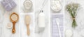 Collage of personal care items divided by white vertical lines with bright light white segments Royalty Free Stock Photo