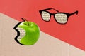 Collage photo of abstract objects apple eyewear glasses information newspaper isolated on two color split painted
