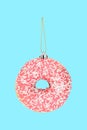 Collage photo banner of christmas tree adornment hanging big pink abstract donut sprinkles sweet baked cookie isolated