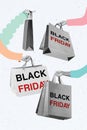 Collage photo banner of hands holding bags from shopping black friday slogan cheap electronic best deal isolated on