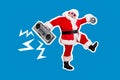Collage photo banner of senior saint nicholas wear red costume hold discoball vintage cassette recorder dancing party