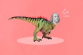 Collage photo of big absurd creature animal dinosaur scream loud headless benjamin franklin isolated on pink color Royalty Free Stock Photo