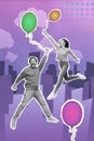 Collage photo of black and white grandpa and granddaughter have fun together play with balloons in city town isolated on