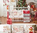 Collage from photo of children`s room. Christmas interior of children`s bedroom. New Year`s decor and tree in children`s playroom. Royalty Free Stock Photo