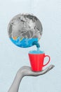 Collage photo concept planet earth pipe liquid stream inside cup lack of drinking water environmental problem 