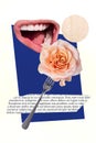 Collage photo creative artwork poster advertisement fresh pink roses sale valentine day mouth eat fork flower isolated Royalty Free Stock Photo