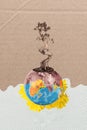 Collage photo ecology concept growing drought dessert tree half planet dead near blossom yellow gerbera flower isolated