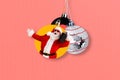 Collage photo of funny abstract creative decoration santa claus hold boombox christmas tree ball preparation isolated on