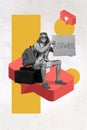 Collage photo of funny hippie guy hold poster help travel trip way anywhere sitting bags isolated on painted background Royalty Free Stock Photo