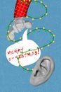 Collage photo greeting postcard hand hold wire phone calling big abstract ear say merry christmas near xmas lights