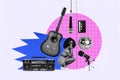 Collage photo illistration poster funky young girl 90s retro stylish club music equipment guitar microphone boombox