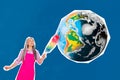 Collage photo of mature age woman housekeeper washing tidy dust from earth sphere planet pollution isolated on bright