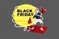 Collage photo of old pensioner hold red package wear stylish outift black friday proposition best choice prices isolated