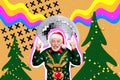 Collage photo of old pensioner man wear green ugly sweater showing rock roll symbol near disco ball xmas tree garland