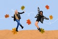 Collage photo picture two young dancing outdoors excited positive ladies celebrate last october days leaves falling