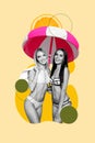 Collage photo of pool party disco young attractive two girls sunbathing wear bikini fit bodies sun parasol isolated on Royalty Free Stock Photo