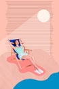 Collage photo postcard of young chilling positive student girl wear bikini shorts lying sunbed relax near ocean sunny