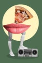 Collage photo poster advert of weird headless woman big lips eat pizza delivery stay boombox listen summer music