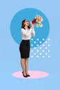 Collage photo poster of young excited businesswoman hold loudspeaker say announcement bouquet fresh flowers isolated on