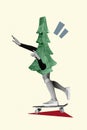 Collage photo of riding skate woman headless evergreen tree enjoy carefree time spending prepare hurry shopping sale