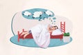 Collage photo of sleeping relaxed young woman wear sleepwear night mask soft pillow wrap duvet bedtime count sheep