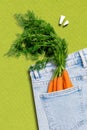 Collage photo of stylish discount jeans summer good fit big back pocket capacious bring fresh food work lunch isolated