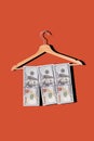 Collage photo of wardrobe hanger hold much money dollars banknote wear success rich people isolated on red color