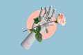 Collage photo of wooden hand hold beautiful little rose floristic surrealism isolated on blue color background