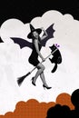 Collage photo of young attractive funny girl wear halloween costume hat weird bat wings fly broom isolated on painted Royalty Free Stock Photo