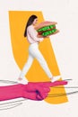 Collage photo of young attractive positive lady walking hold organic healthy sandwich direction finger fresh food lunch