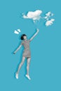 Collage photo of young childish cute lady fly air jump clouds abstract balloon funny carefree isolated on blue color