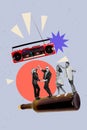 Collage photo of young couple dancing with hipsters together drunk alcohol wine glass celebrating boombox player disco