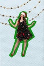 Collage photo of young cute positive girl dress christmas tree adornment atmosphere new year dancing party event Royalty Free Stock Photo