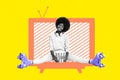 Collage photo of young cute woman sitting abstract television watching take popcorn wear rollerblades isolated on yellow