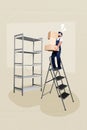 Collage photo of young delivery man hold stack packages from shopping proposition stay ladder near big storage rack