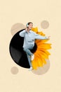 Collage photo of young energetic woman wear casual outfit listen music wireless headphones sunflower half vinyl disk