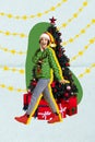 Collage photo of young excited girl wear green ugly sweater tradition decorated christmas tree postcard isolated on blue