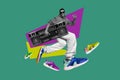 Collage photo of young funny active guy wear stylish footwear sneakers hold big boombox cool student shopping sale