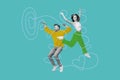 Collage photo of young funny energetic active dancing couple doodle wear stylish painted outfit jumping gymnastics