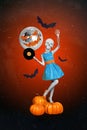 Collage photo of young funny retro dressed woman wear skirt high heels stay pumpkin halloween scary hold plate headless