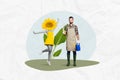 Collage photo of young gardener love agriculture take care grow plants watering sunflower girl concept save environment